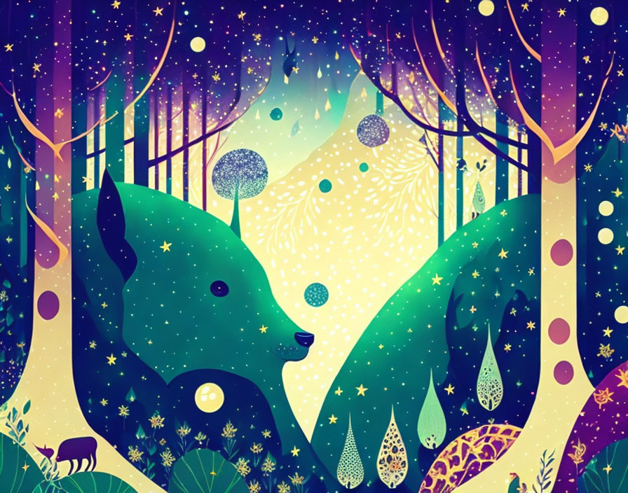 Colorful forest scene with two bears under starry sky