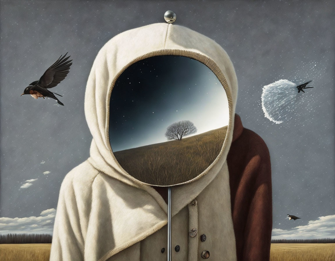 Surreal artwork of hooded head with lone tree under starry sky