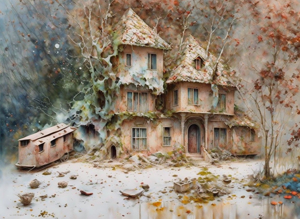 Whimsical painting of old two-story house with moss-covered walls