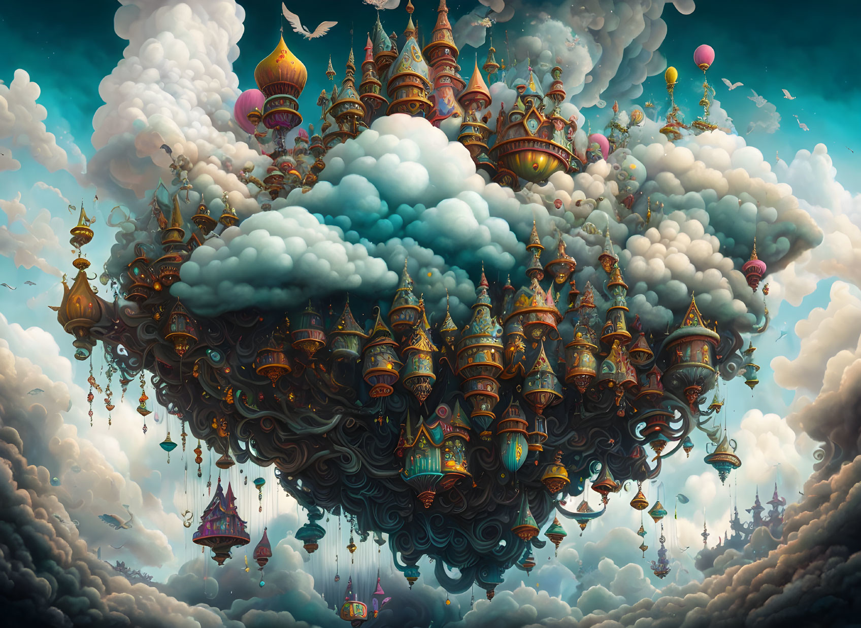 Ornate floating city with hot air balloons in the sky