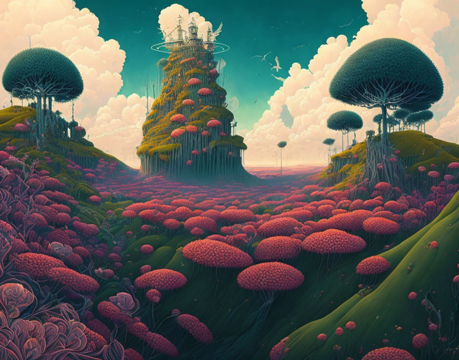 Whimsical landscape with oversized mushrooms and vibrant trees