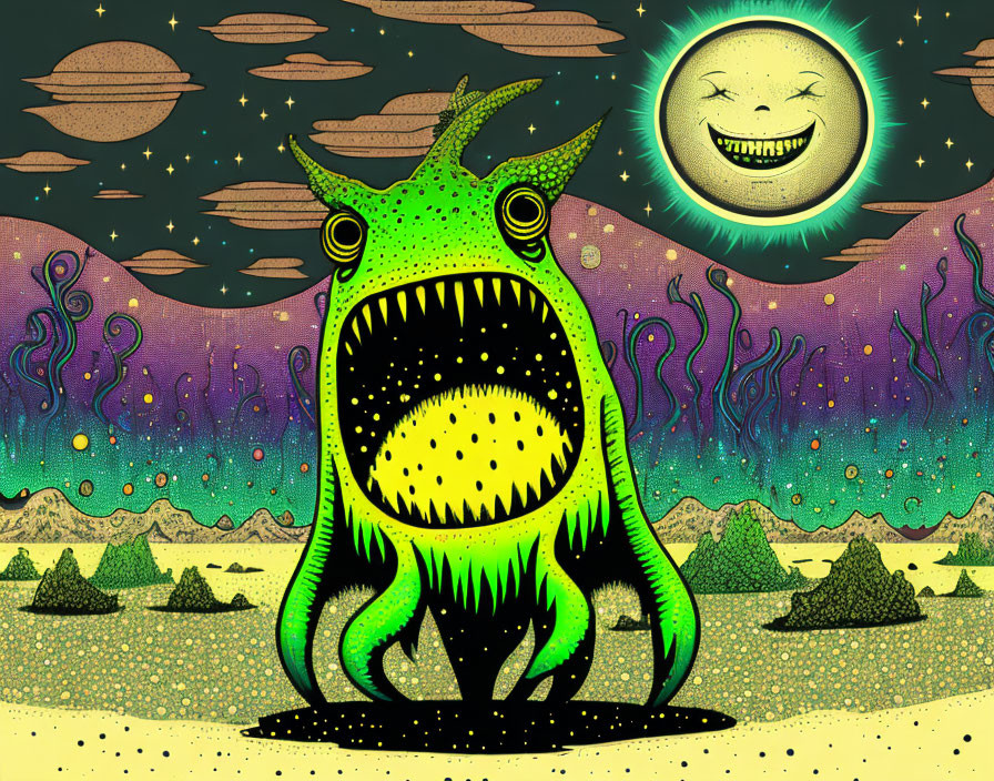 Colorful green alien creature in whimsical space scene