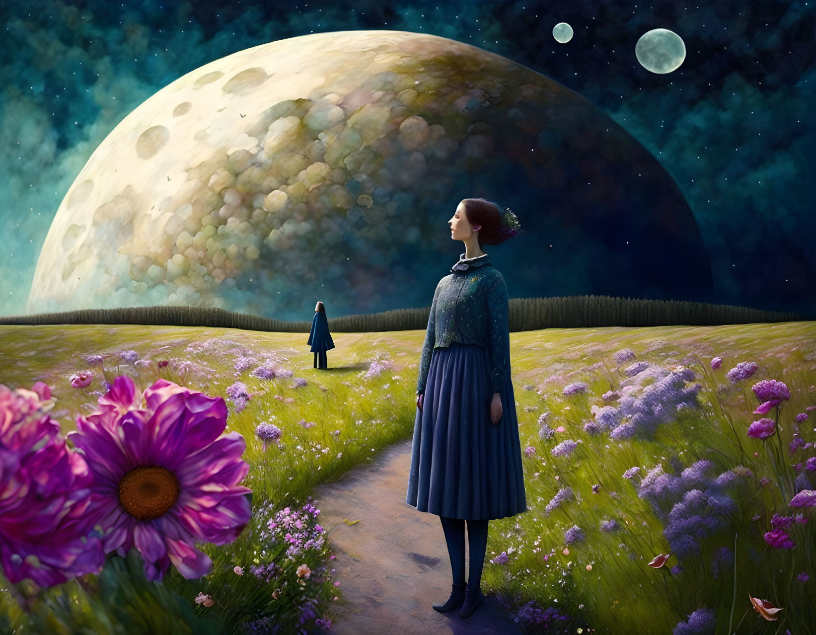 Woman admiring giant moon in meadow with starry sky and vibrant flowers