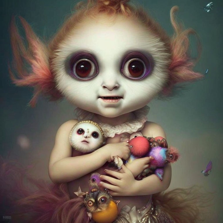 Illustration of girl with big eyes holding fantastic creatures