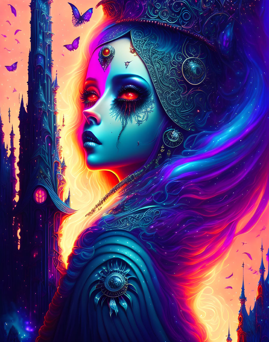 Blue-skinned female figure with butterflies in neon Gothic setting