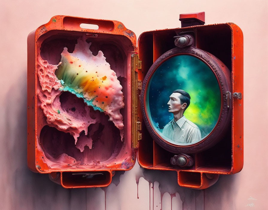 Colorful cosmic scene and stoic man's portrait in surreal artwork