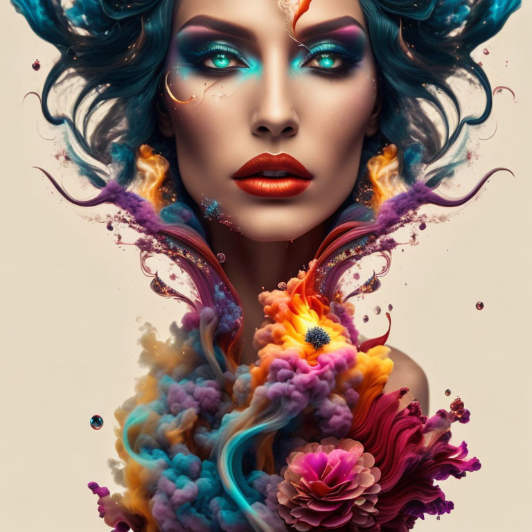 Colorful surreal portrait of woman with flowing smoke, flowers, dramatic makeup, and blue horns