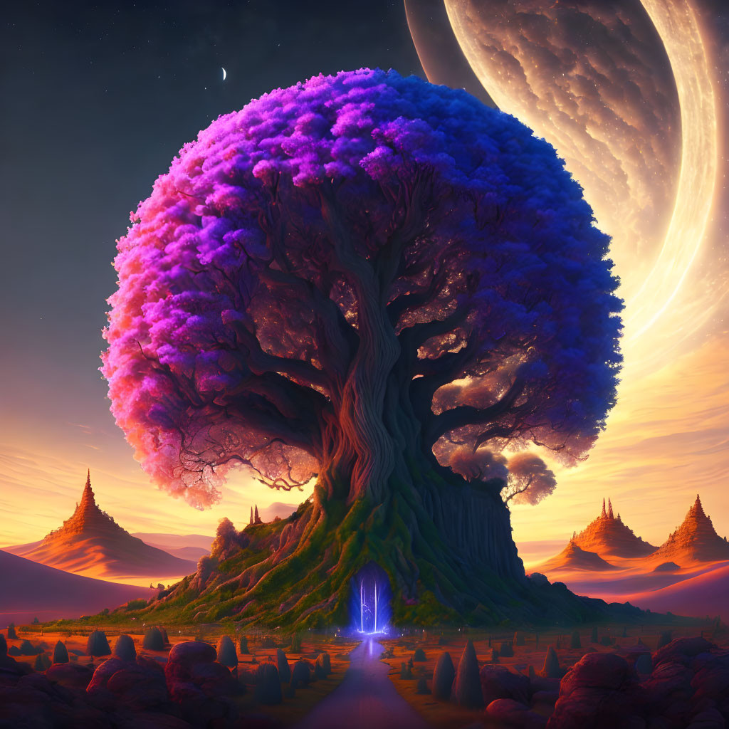 Fantastical landscape with massive purple tree, planet, glowing portal, and crescent moon