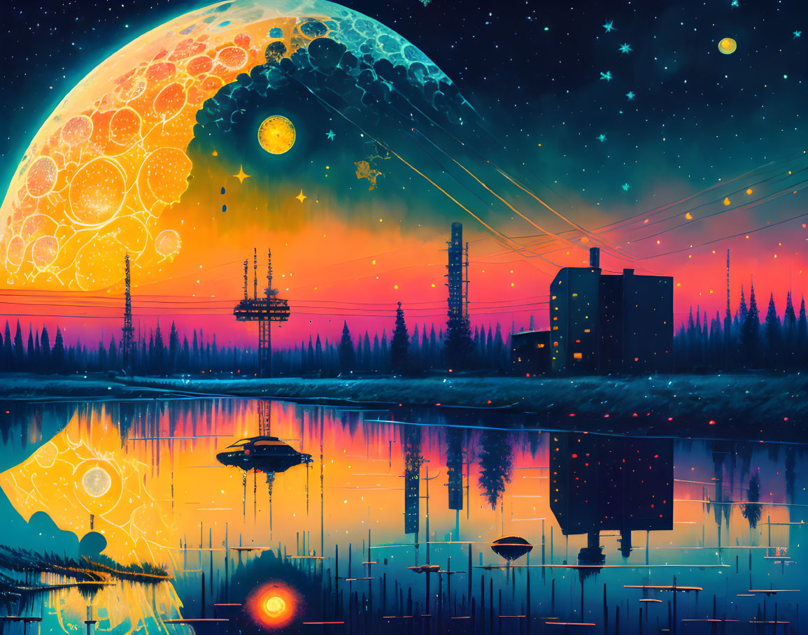 Futuristic sci-fi landscape with patterned moon, reflective lake, and starry sky