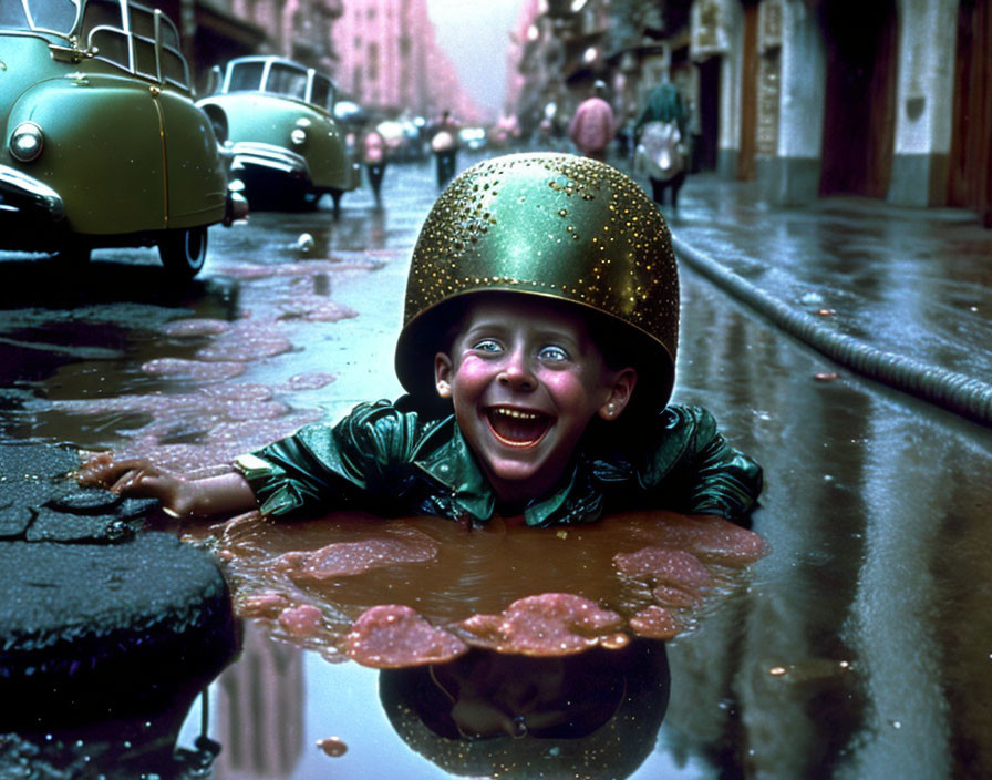 Child in green helmet emerges from manhole on rainy street with vintage cars