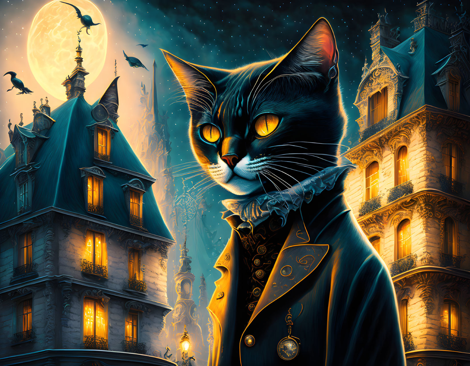 Anthropomorphic cat in vintage attire before gothic mansion at night