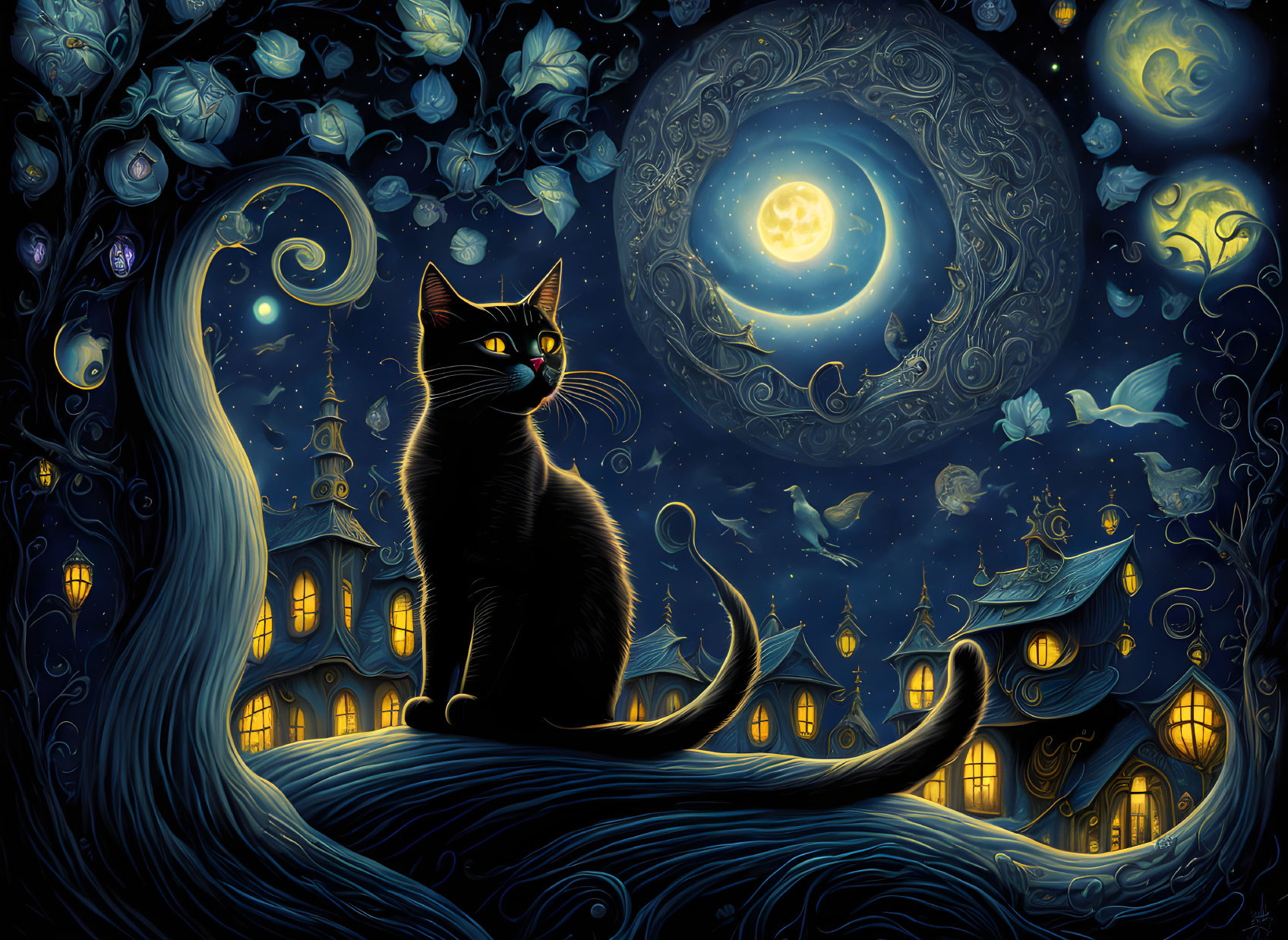 Black cat on roof under starry sky with full moon, birds, whimsical houses