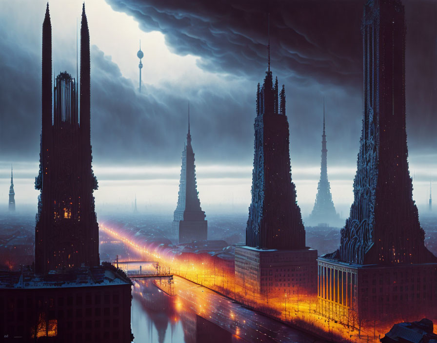 Gothic futuristic cityscape at dusk with illuminated streets and ominous sky