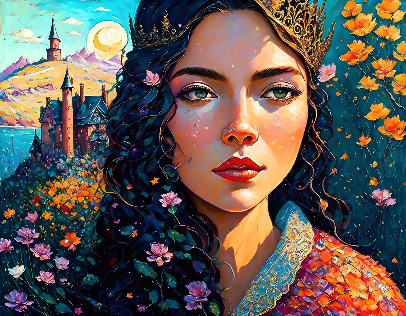 Colorful portrait of a woman with floral crown in front of castle and crescent moon