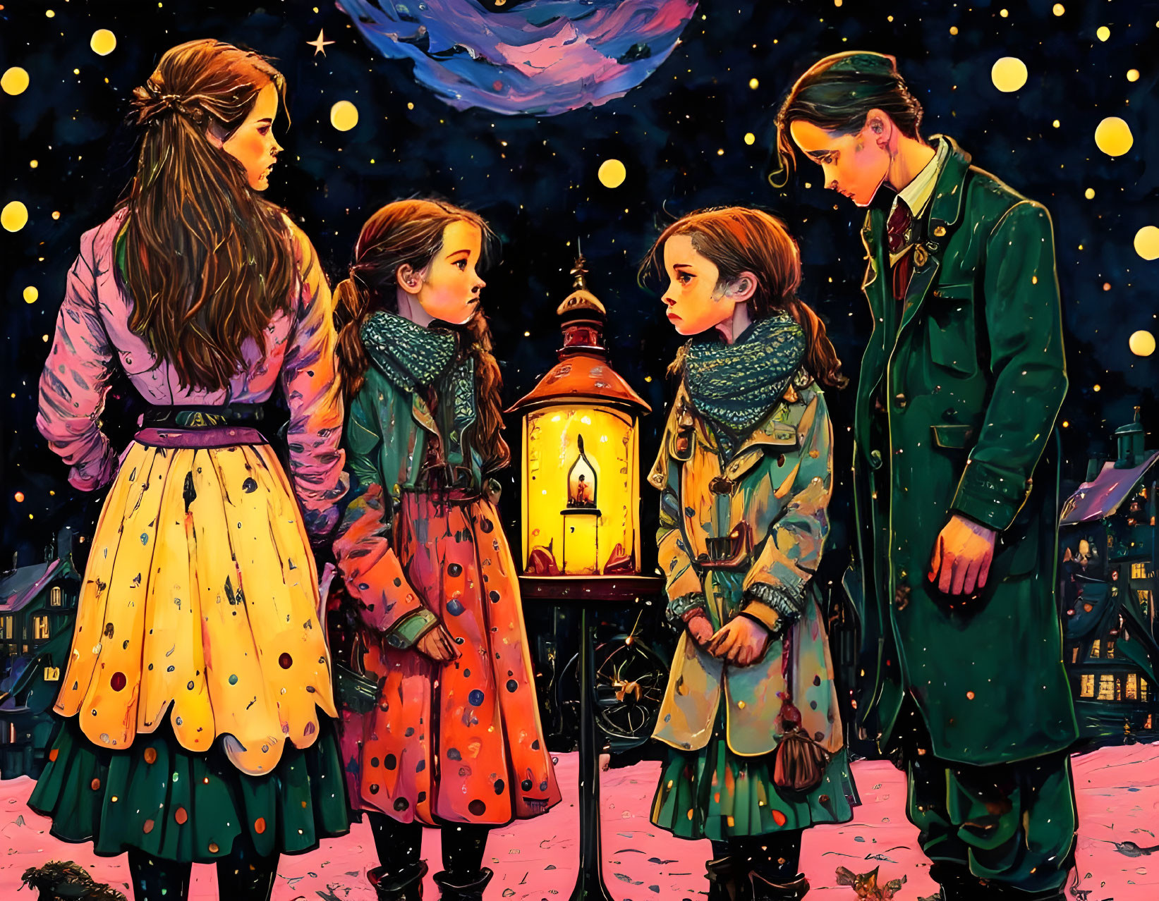 Illustration of family in vintage attire with lantern under starry night sky