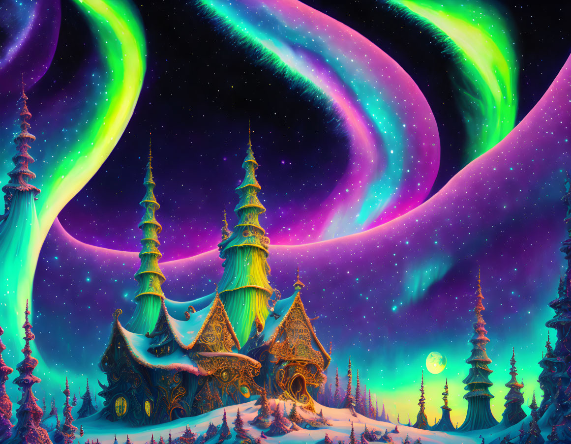 Colorful auroras illuminate fantasy winter scene.