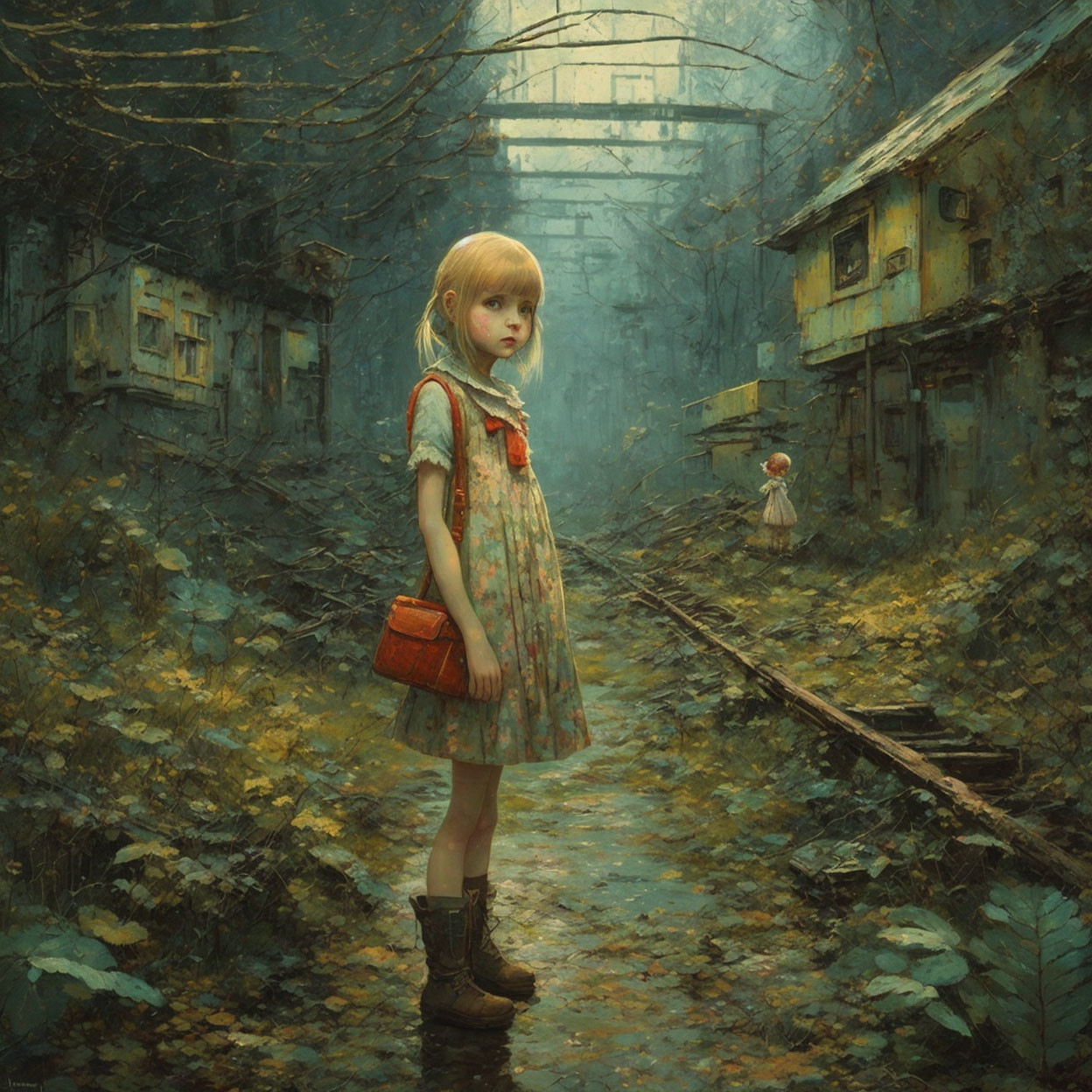 Young girl on misty train track with doll in abandoned town