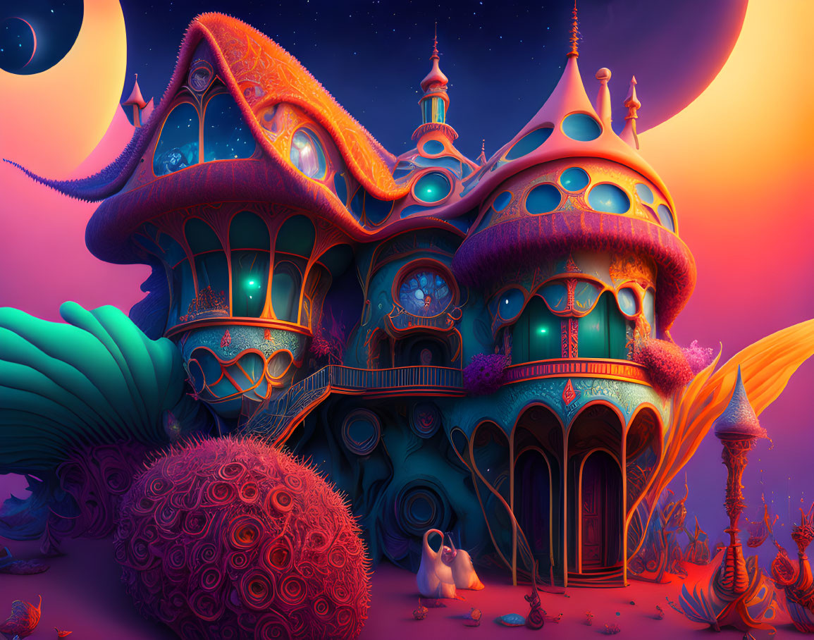 Colorful Fantasy Landscape: Mushroom House, Alien Flora & Whimsical Creature