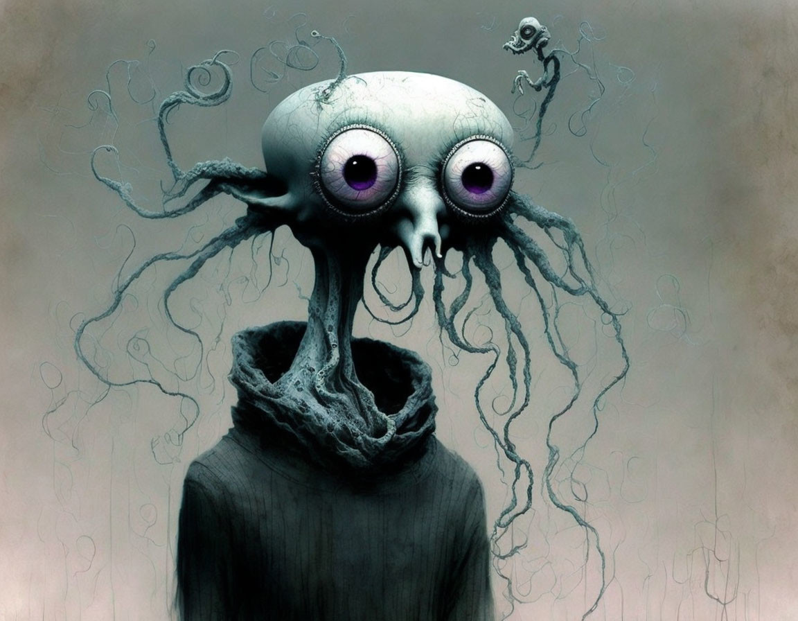 Surreal artwork: Creature with octopus-like head and tentacles on grey background