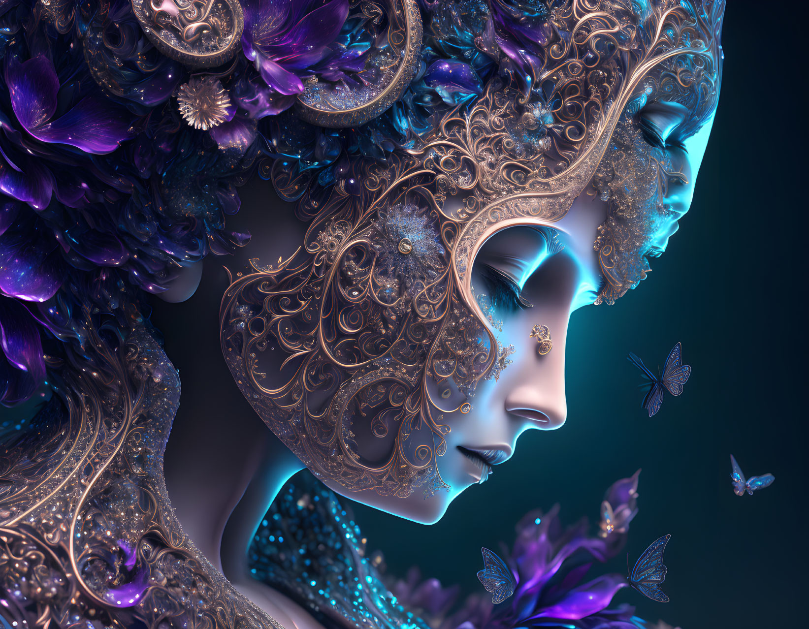 Ornate Blue and Purple Masks with Filigree and Floral Motifs