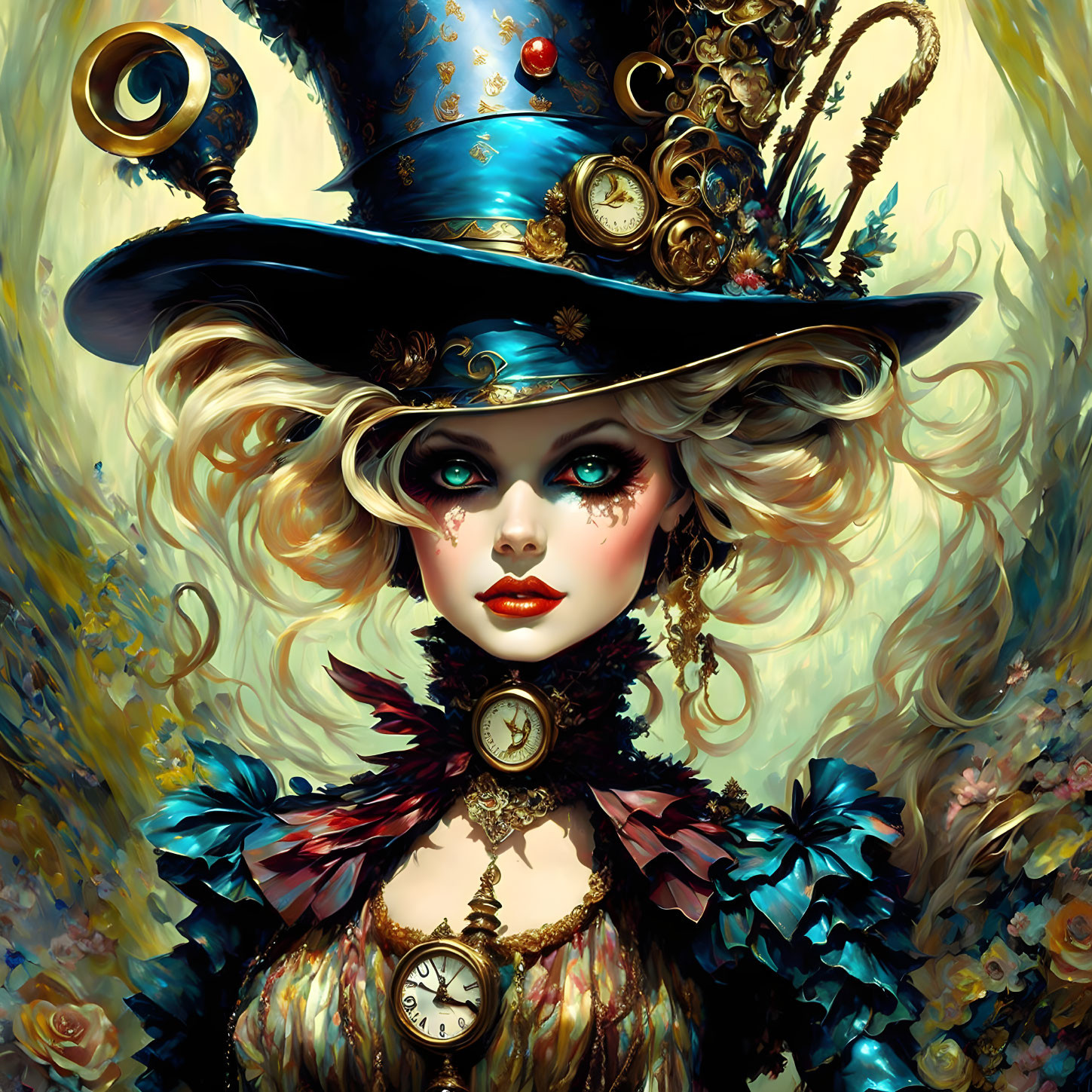 Steampunk-themed woman with intricate hat and accessories in golden and turquoise colors