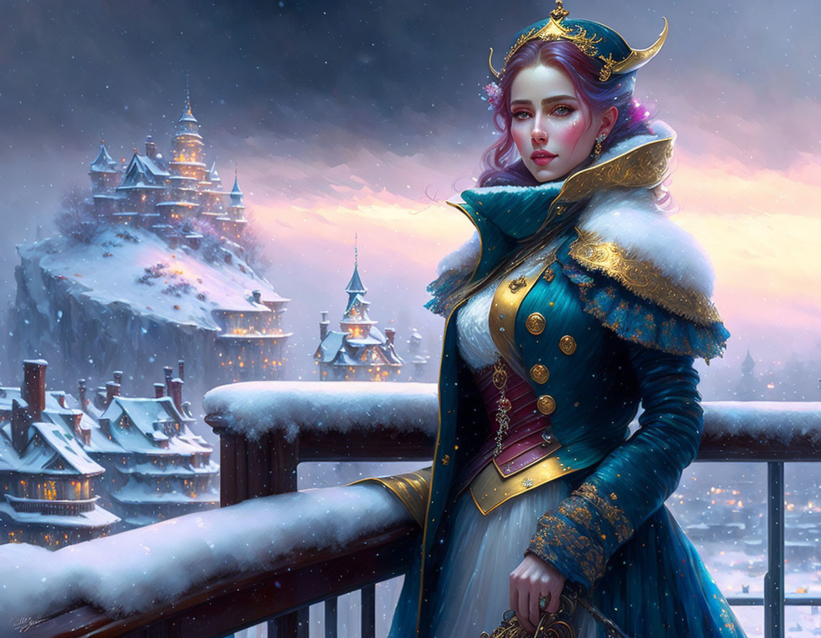 Regal woman in ornate attire on snow-covered balcony with twilight-lit castle village