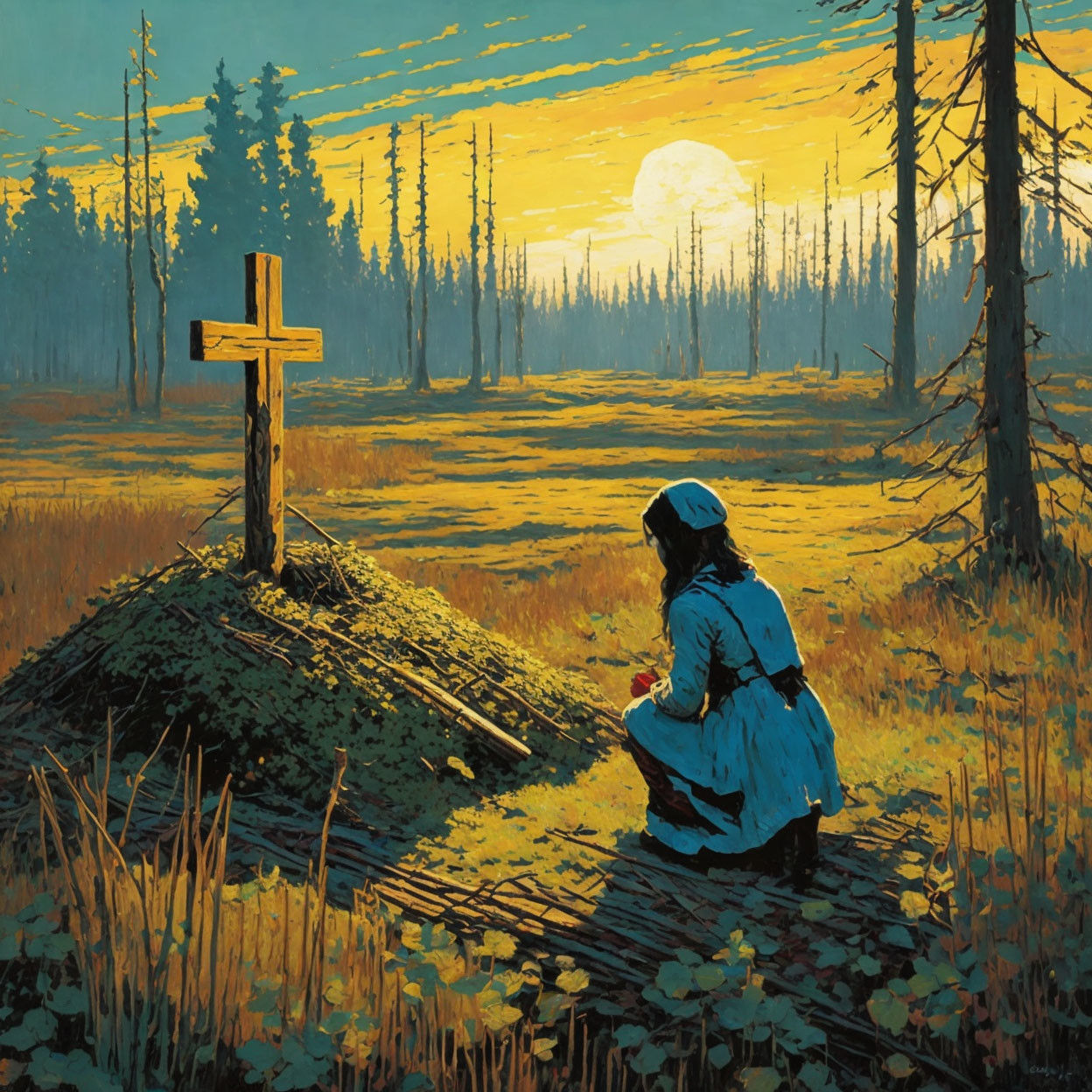 Person in Blue Dress Kneeling by Cross-Marked Grave at Sunset