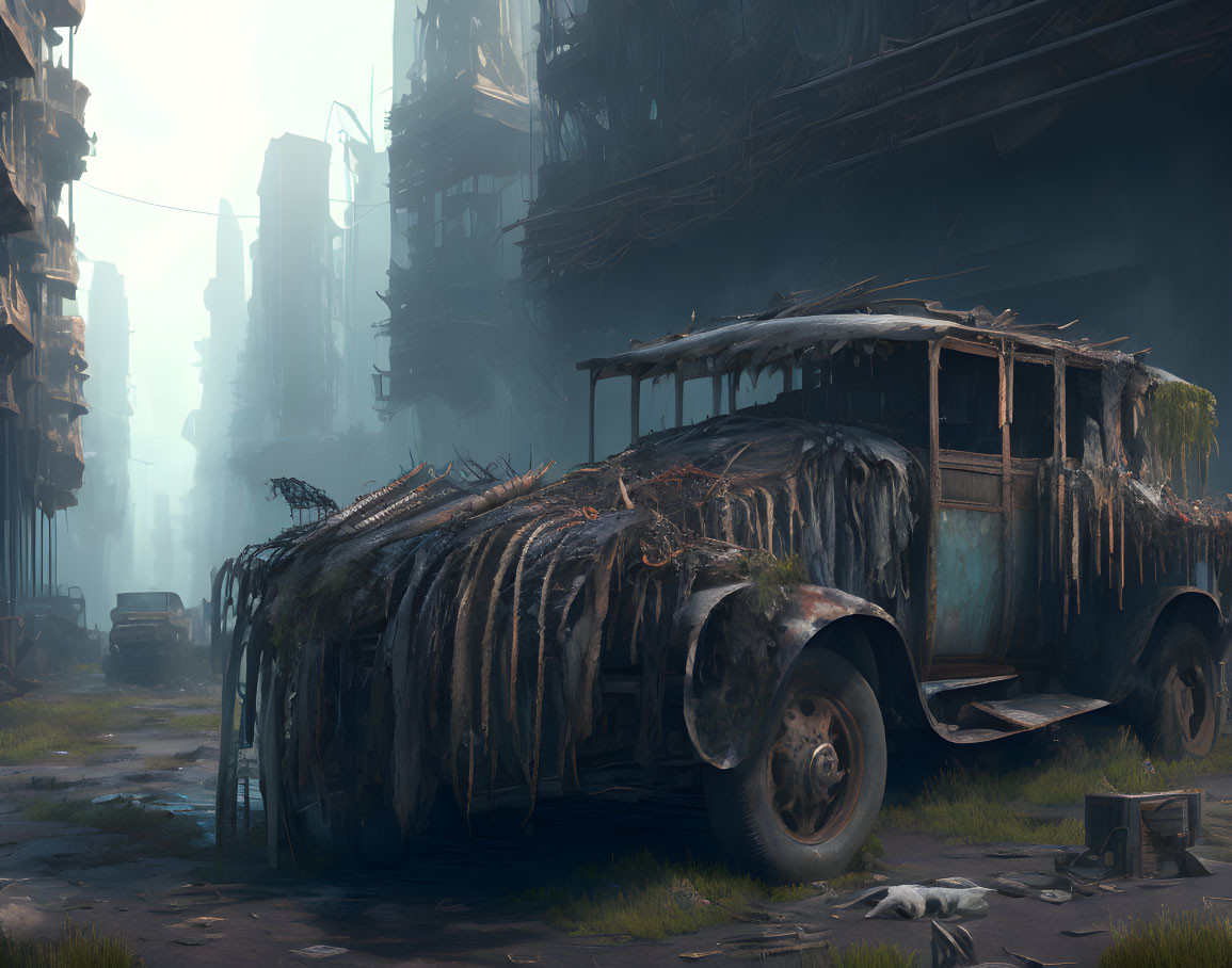 Abandoned derelict vehicle in dystopian cityscape