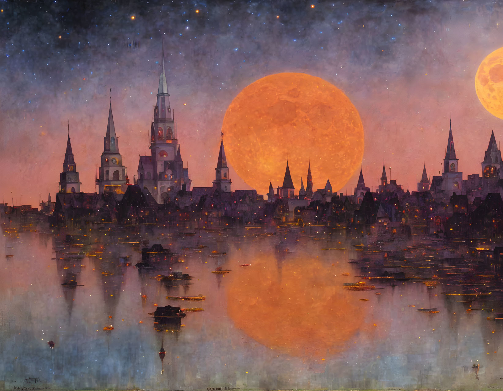 Fantasy cityscape with spires under starry sky and moons above misty waters