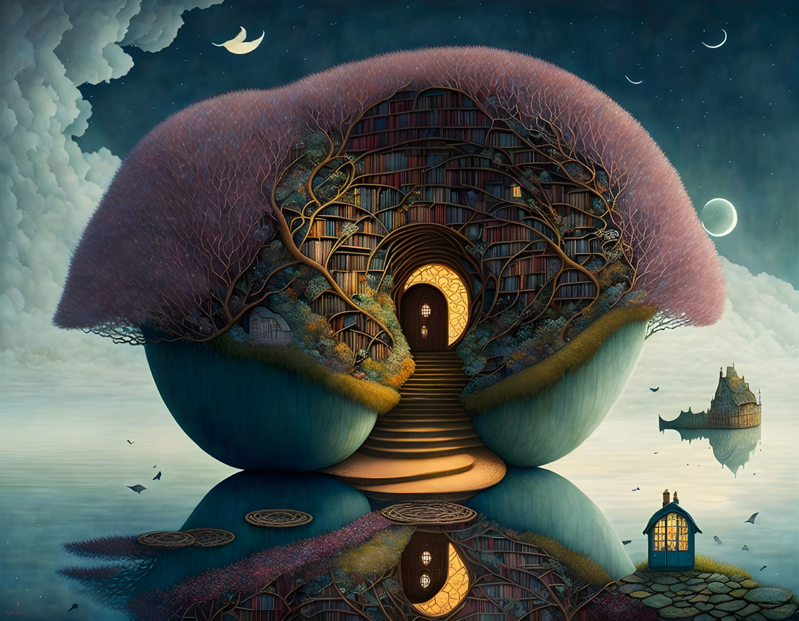 Fantasy landscape with tree library on floating islands under multiple moons