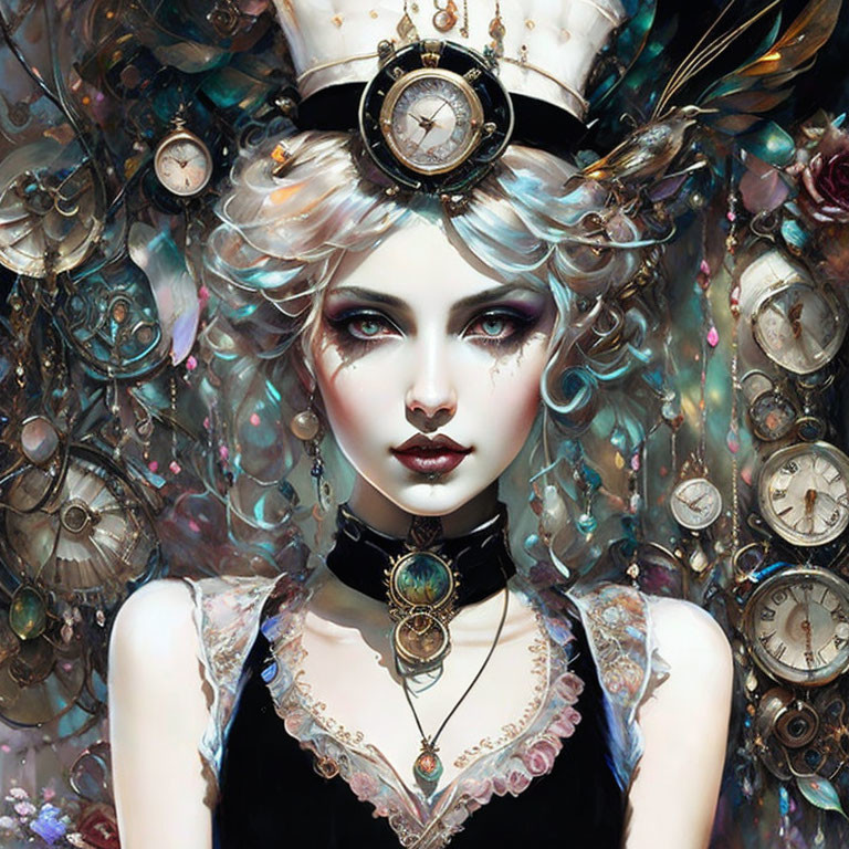 Fantasy portrait of pale-skinned woman with clock-themed hat and choker surrounded by clocks and flowers