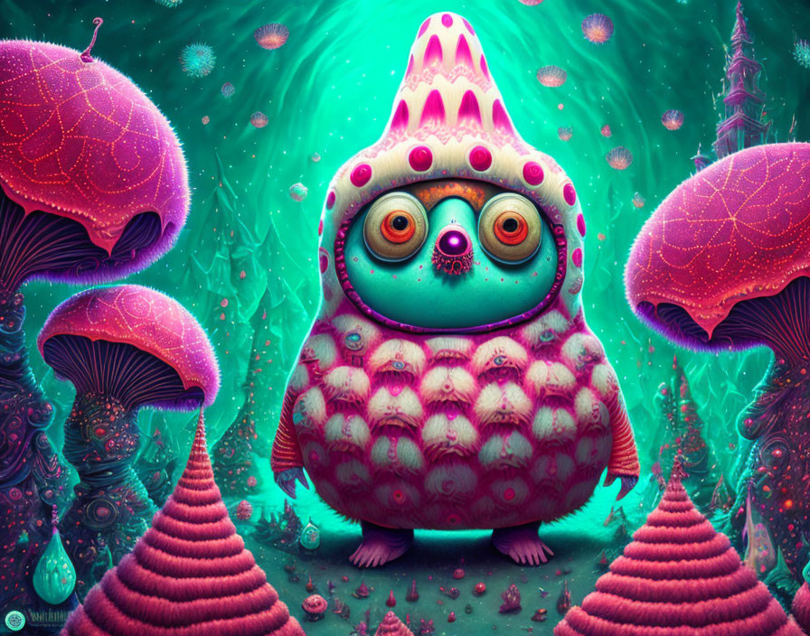 Colorful Creature Surrounded by Glowing Plants and Whimsical Details