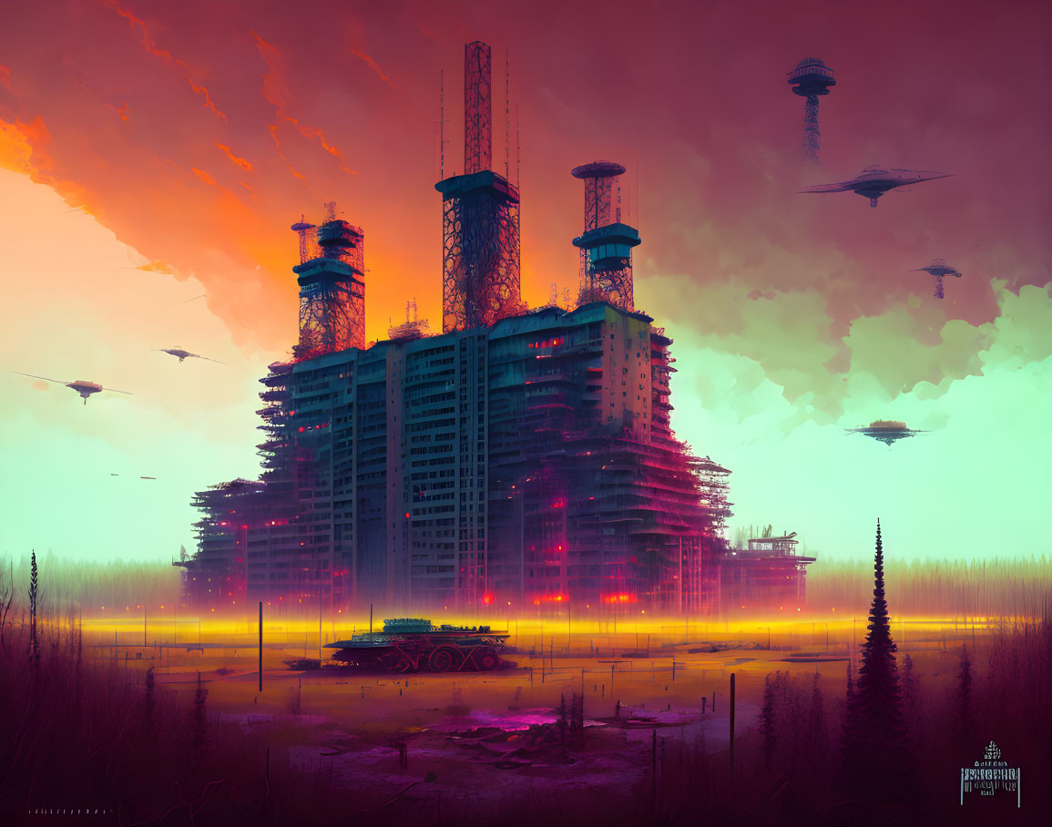 Futuristic landscape with under-construction skyscrapers and flying vehicles