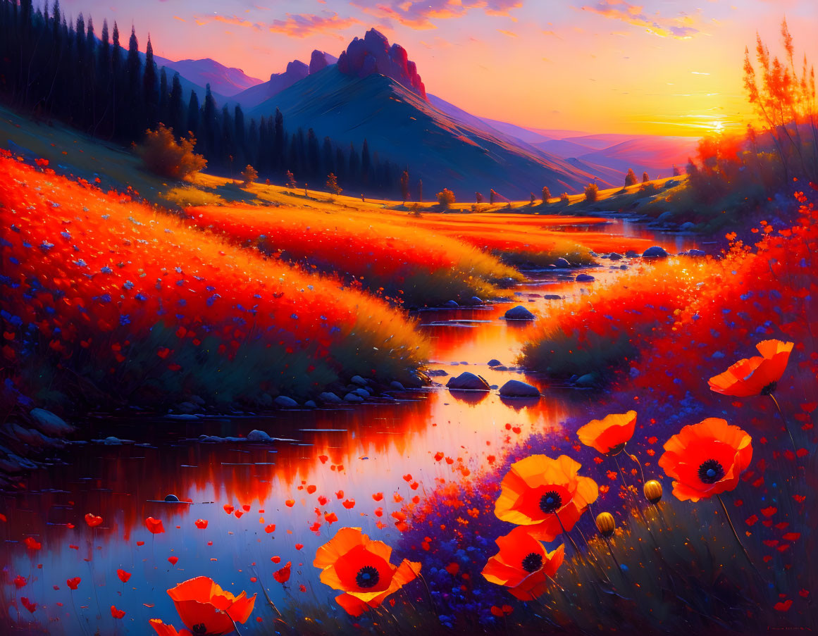 Scenic landscape painting: river, red poppies, sunset sky, purple mountains