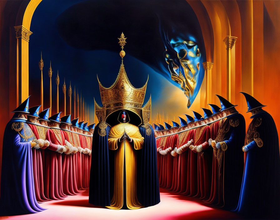 Surreal artwork: crowned figure, golden mask, cloaked beings, arches, blue spectral