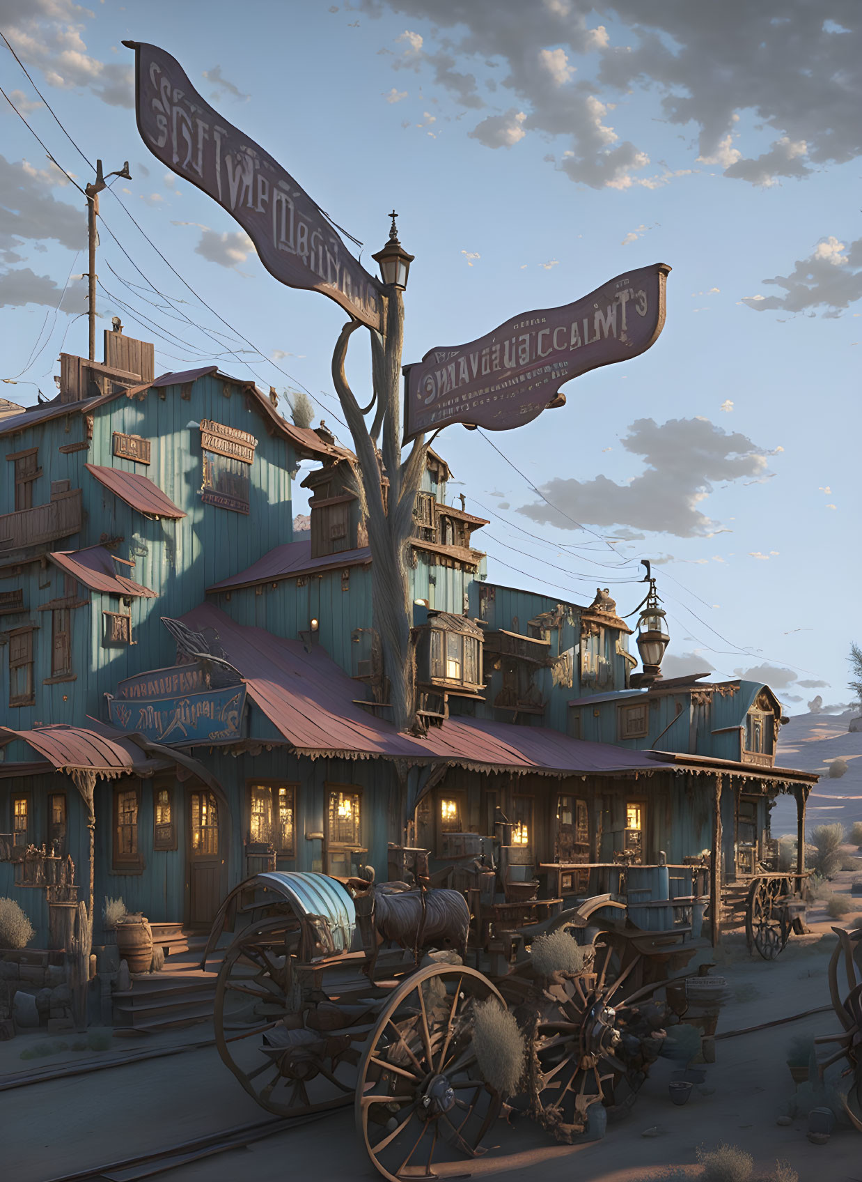 Digital illustration of western-style building with wagons, barrels, and vintage lamps at dusk