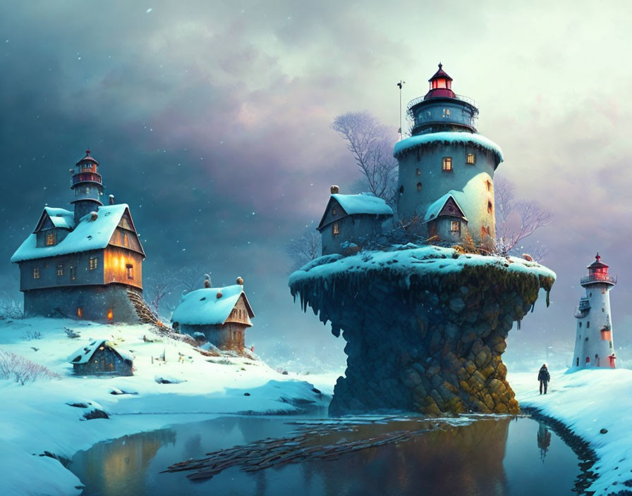 Winter fantasy landscape with towering lighthouse on floating snow-covered rock