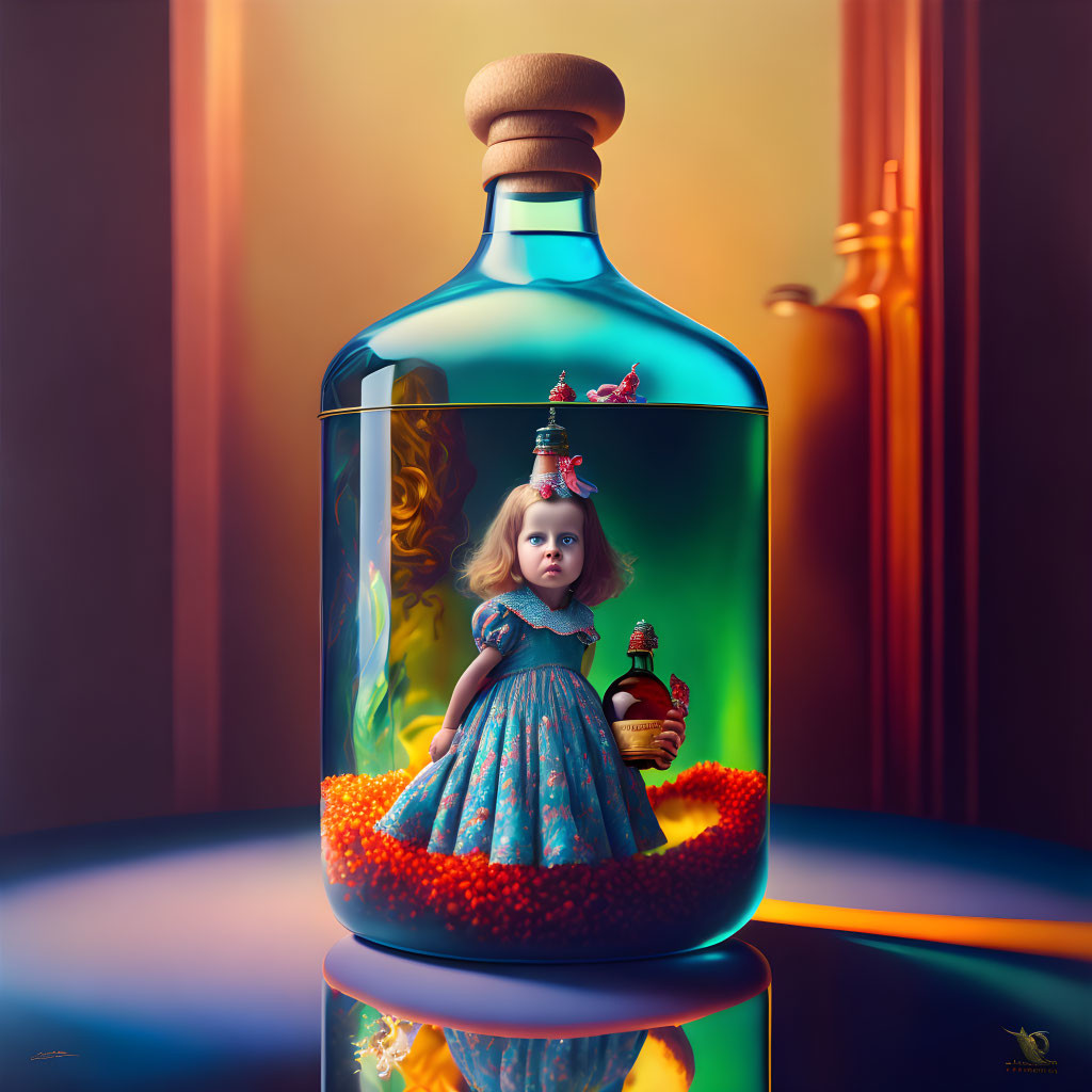 Young girl in dress inside glass bottle amid surreal colorful scene with carousel