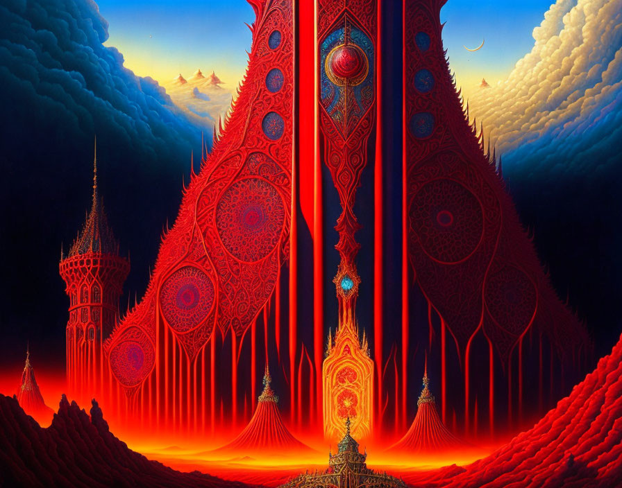 Fiery Fantasy Landscape with Towering Structure in Red Terrain