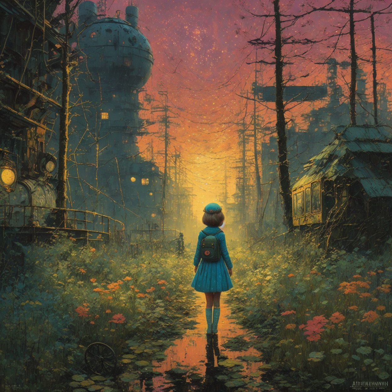 Girl in Blue Dress and Backpack in Flower-Filled Forest with Fantastical Twilight Skyline