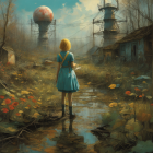 Girl in Blue Dress Stands by Rusting Spheres in Overgrown Setting