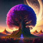 Fantastical landscape with massive purple tree, planet, glowing portal, and crescent moon