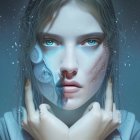 Surreal portrait of woman with blue skin and teardrop details