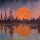 Fantasy cityscape with spires under starry sky and moons above misty waters