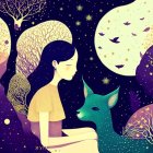 Illustration of woman embracing fawn in magical forest