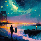 Vibrant artwork: Two figures by seaside under starry night sky