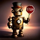 Steampunk Robot with Clocks and Gears in Desert Dusk