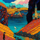 Colorful artwork: Stylized village by river at dusk with patterned landscape and whimsical sky