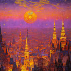 Fantastical cityscape sunset with towering spires & oversized moon