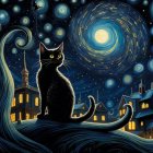 Black cat on roof under starry sky with full moon, birds, whimsical houses